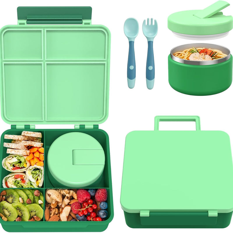 Pawtong Bento Lunch Box with 8oz Soup Thermo, Kids Leakproof Lunch Food Containers with 4 Compartment, Kids Thermo Insulated Hot Food Jar for School, Trvael - (Pink)