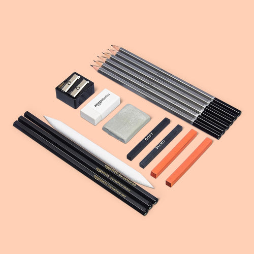Amazon Basics Sketching and Drawing Art Pencil Kit, 17-Piece Set for Artists, Drawing Supplies with Pencils, Charcoal, Erasers, Sharpener for Shading, Black, White