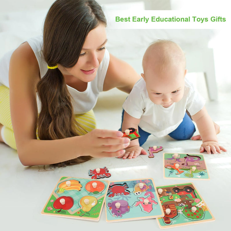 4-piece Wooden Peg Puzzles for Toddlers, Farm Dinosaur Fruit Marine Animals Preschool Learning Toys