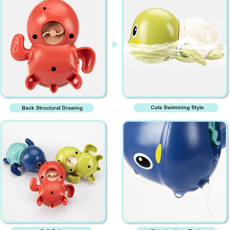 Wind Up Turtle Bath Toys for Toddlers 1-3, 3 Pack Swimming Bathtub Toys | ASTM F963-23 Tested, Non-Toxic ABS, Wind-Up No Batteries, Quick-Dry Drain Holes, for Pool & Preschool Toddlers