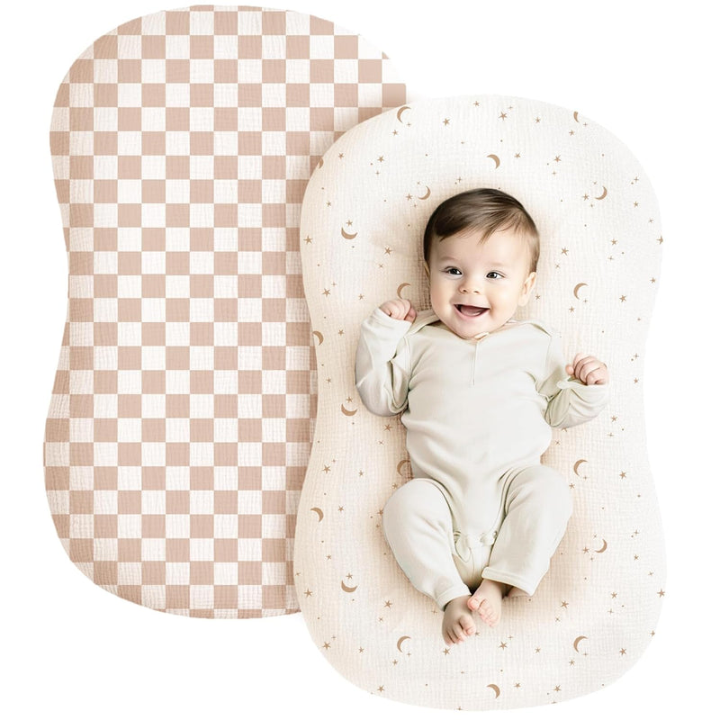 Konssy 2 Pack Muslin Baby Lounger Covers, Covers Only, 30.7" x 20" | 100% Cotton, Soft & Breathable, Baby Nest Slipcover, Envelope Closure, Pre-Washed for Lasting Fit (Brown,Wheat)