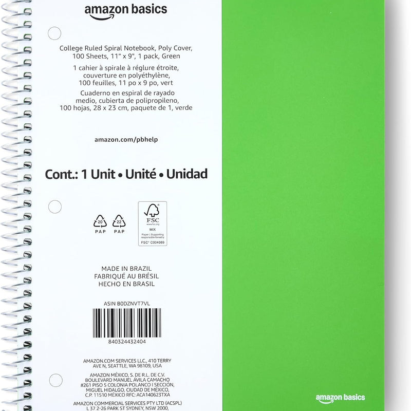 Amazon Basics College-Ruled 3-Subject Spiral Notebook, 150 Sheets, 8.5 x 11 inches, Black