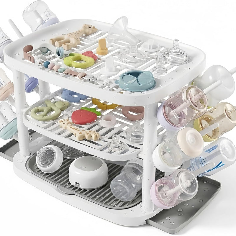 Baby Bottle Drying Rack,3-Tier Large Capacity Countertop Organizer with 360° Ventilation, Removable Drip Tray, Non-Slip Base – Easy to Clean Bottle Holder for Baby Accessories