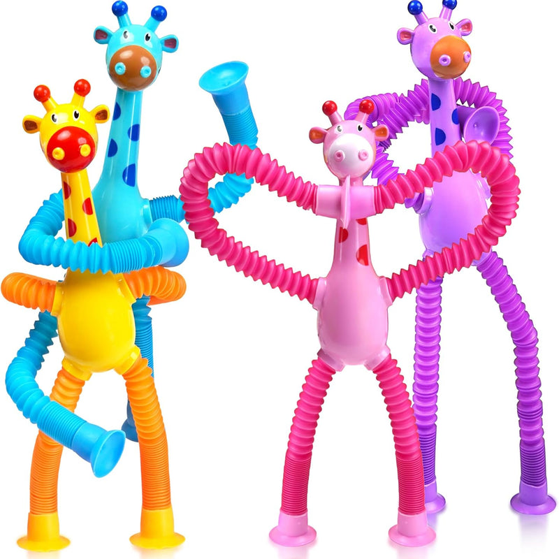 Giraffe Sensory Travel Toys 4Pcs for Roadtrip Car Ride Airplane Toddler Girl Year Old Ages 2 3 4 5 6 7 8, Suction Autism Pop Tube Fidget Toy Autistic Valentines Day Stocking Easter Basket Stuffer Gift