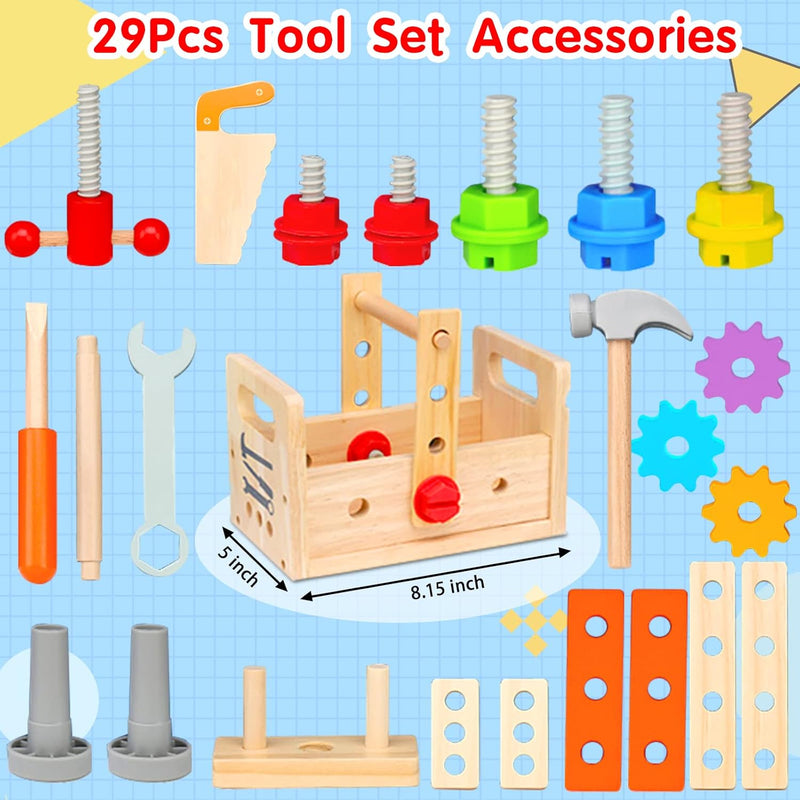 Mgtfbg Kids 29-Piece Wooden Tool Set with Montessori STEM Educational Pretend Play Construction Toys