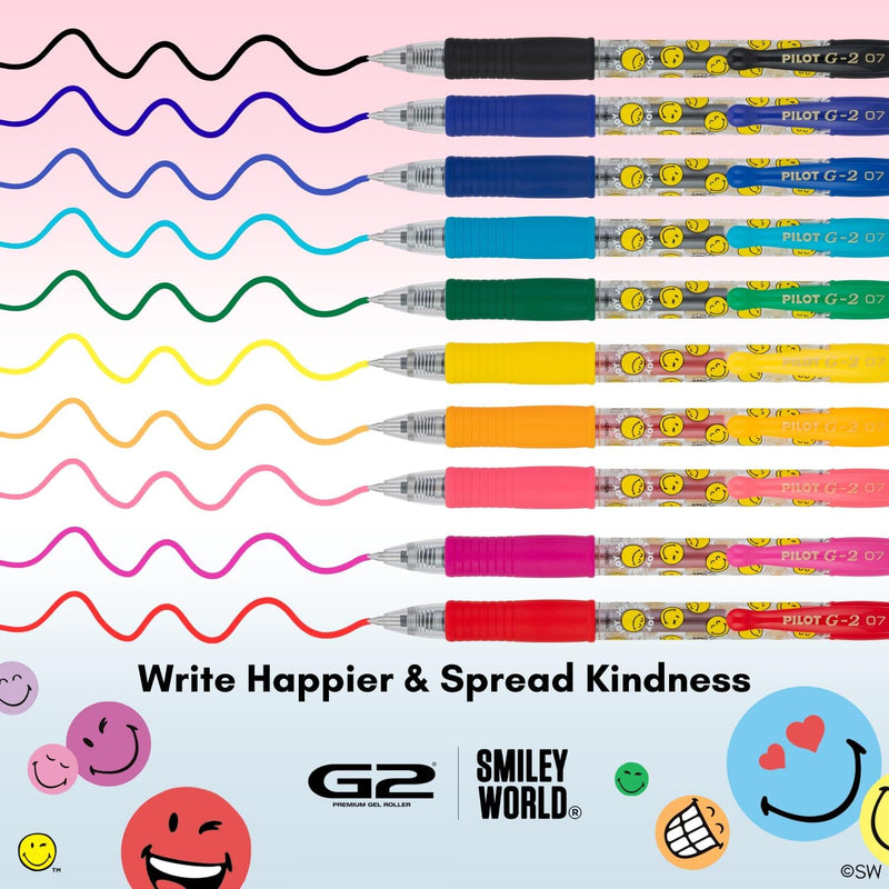 PILOT, G2 Premium Gel Roller Pens, G2 SmileyWorld Collection, Write Happier, 10 Pack Pouch, Fine Point 0.7 mm, Assorted