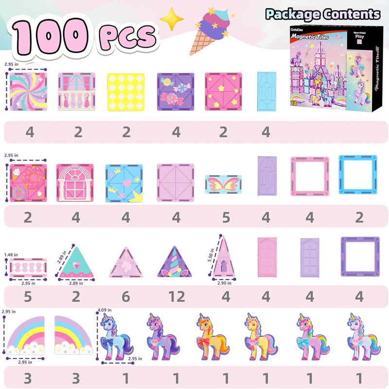 GobiDex 100PCS Unicorn Magnetic Tiles with 6 Unicorns, Princess Castle Unicorn Toys for Girls Age 4-6, Magnetic Building Blocks Toys for 3 4 5 Year Old Girl Birthday Gifts