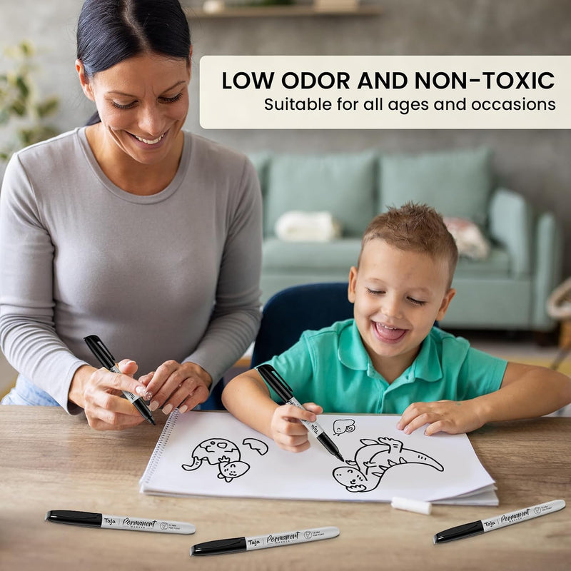 Taja (100 Counts) Permanent Markers, Fine Tip, Black, Quick-Drying and Fade-Resistant Bulk Marker Set for Writing and Sketching on Wood, Plastic, Metal, Glass, Perfect for School and Office Supplies