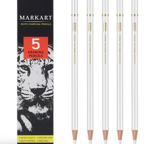 MARKART Professional White Charcoal Pencils Set, 5 Pieces Sketch Highlight Charcoal Pencils for Drawing, Sketching, Shading, Blending, White Chalk Pencils for Beginners & Artists