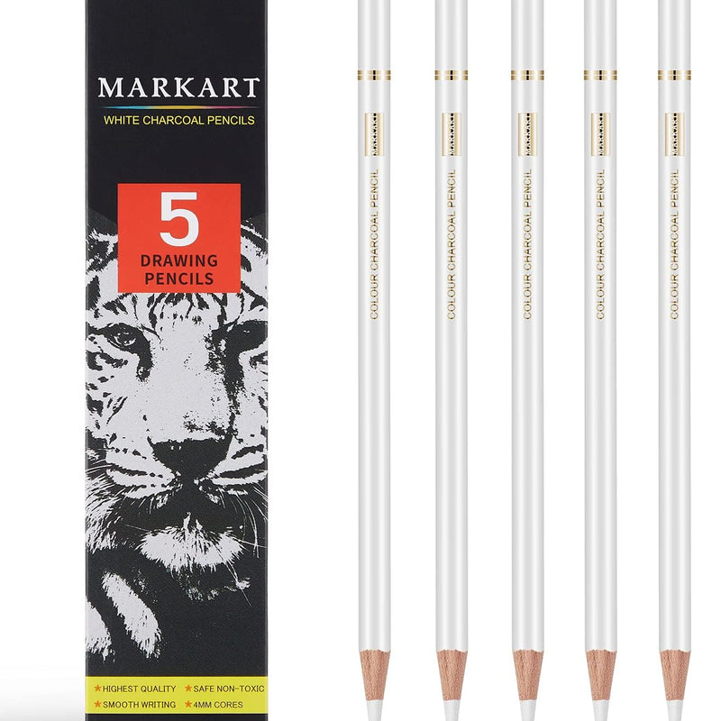 MARKART Professional White Charcoal Pencils Set, 5 Pieces Sketch Highlight Charcoal Pencils for Drawing, Sketching, Shading, Blending, White Chalk Pencils for Beginners & Artists