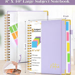 Spiral Notebook Journal with Removable Dividers Tabs, 300 Pages Hardcover Leather 5 Subject College Ruled Notebook, 8"x10" Large B5 Lined Journal for Women Men, Spiral Notebooks for Work School,Purple