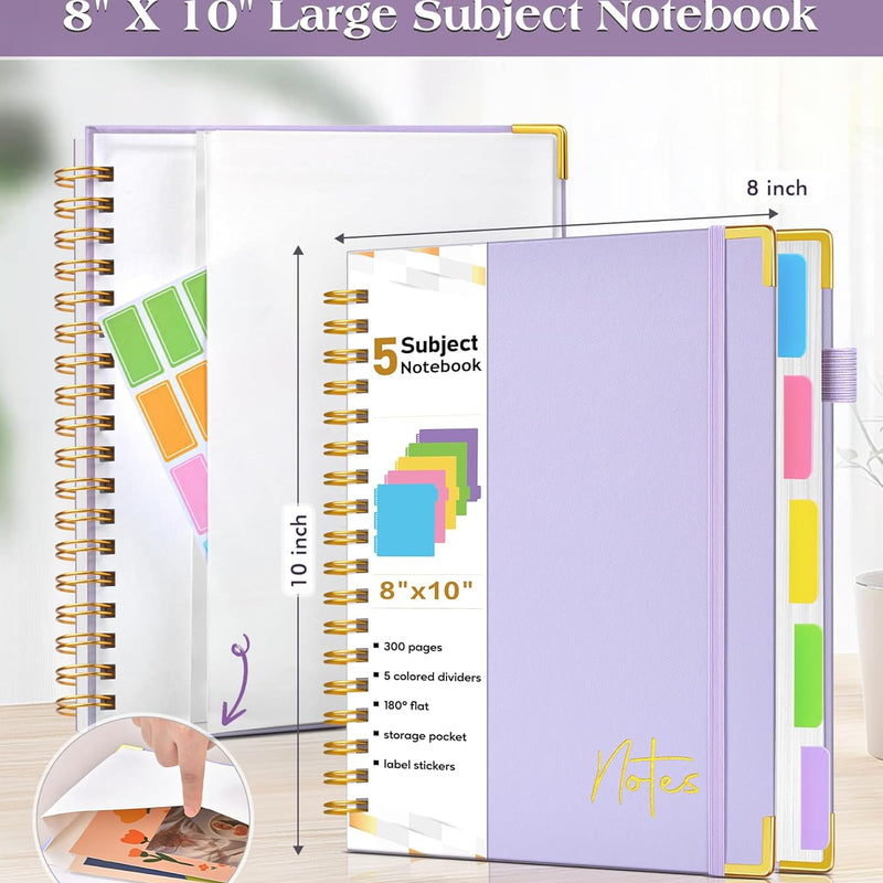 Spiral Notebook Journal with Removable Dividers Tabs, 300 Pages Hardcover Leather 5 Subject College Ruled Notebook, 8"x10" Large B5 Lined Journal for Women Men, Spiral Notebooks for Work School,Purple