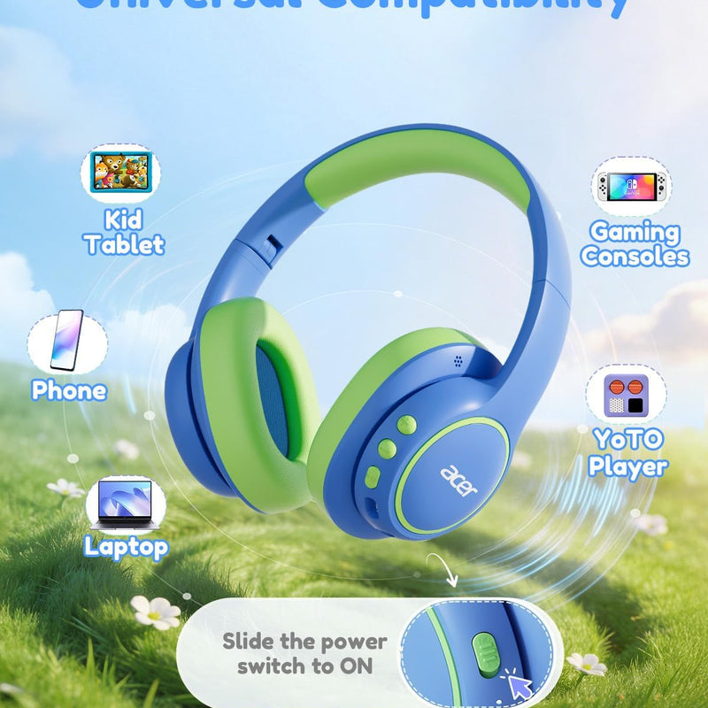 Acer OHR702 Kids Bluetooth Headphones for School with Built-in Mic,Over-Ear | 75H Playtime, Bluetooth 6.0, 3.5mm Jack Aux Cord, 85dBA Safe Volume, USB-C Fast Charging, for iPad/Travel/Tablet- Blue Green