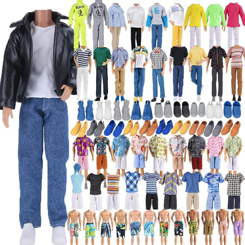 E-TING 10-Item Fantastic Pack = 5 Sets Fashion Casual Wear Clothes Outfit for boy Doll with 5 Pairs Shoes (Leather Jacket + Casual Wear Clothes + Swimwear)