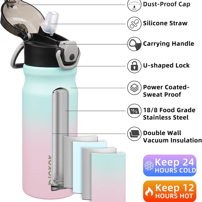 BJPKPK 18 oz Water Bottle with Straw & Handle, Insulated Stainless Flask | Leak Proof Locking Lid, Thermal, Double Wall Vacuum, Keeps Hot/Cold, BPA Free, Dishwasher Safe, Travel & Sports, Bubble Gum