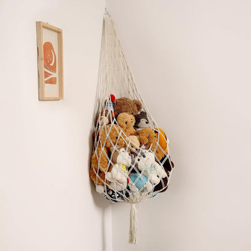 Amdermi Stuffed Animal Hammock Corner, Boho Macrame Plush Toy Storage Net for Wall, Hanging Stuffed Animal Holder for Nursery, Playroom, Kids Room, Cream