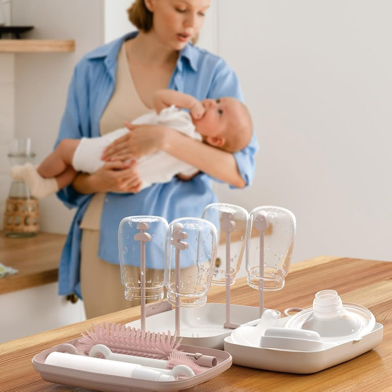 Momcozy 7-in-1 Baby Bottle Brush Set with Drying Rack, Pink | Silicone Nipple Straw Brushes, Soap Dispenser Storage Box, Foldable Drain Rack, Portable Bag, BPA-Free, Home & Travel