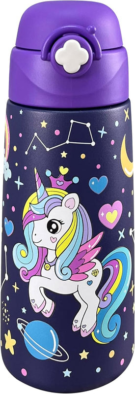 Girls Insulated Water Bottle with Covered Pop-Up Straw,16 oz Kids Cups with Stainless Steel Leak Proof for School Pink（Unicorn）