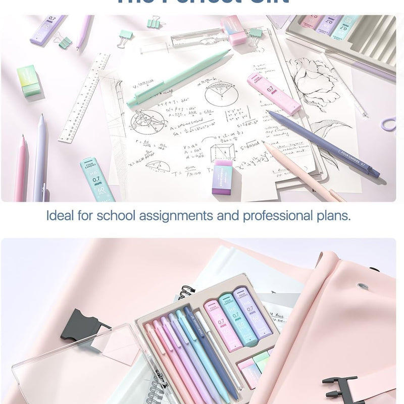 Four Candies Cute Mechanical Pencil Set, 0.7mm Medium Point, 6-Count Pack | 360 HB/2B Leads, 3 Erasers, 9 Eraser Refills, Storage Case, Triangular Grip, for Everyday Homework & Journal