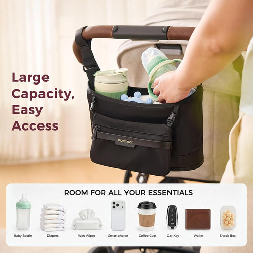 Momcozy Slim Stroller Organizer with 2 Insulated Cup Holders | Non-Slip Silicone Straps with Detachable Mini Pouch, Dense-Weave Parent Console, Fits UPPAbaby, Doona, Graco and More