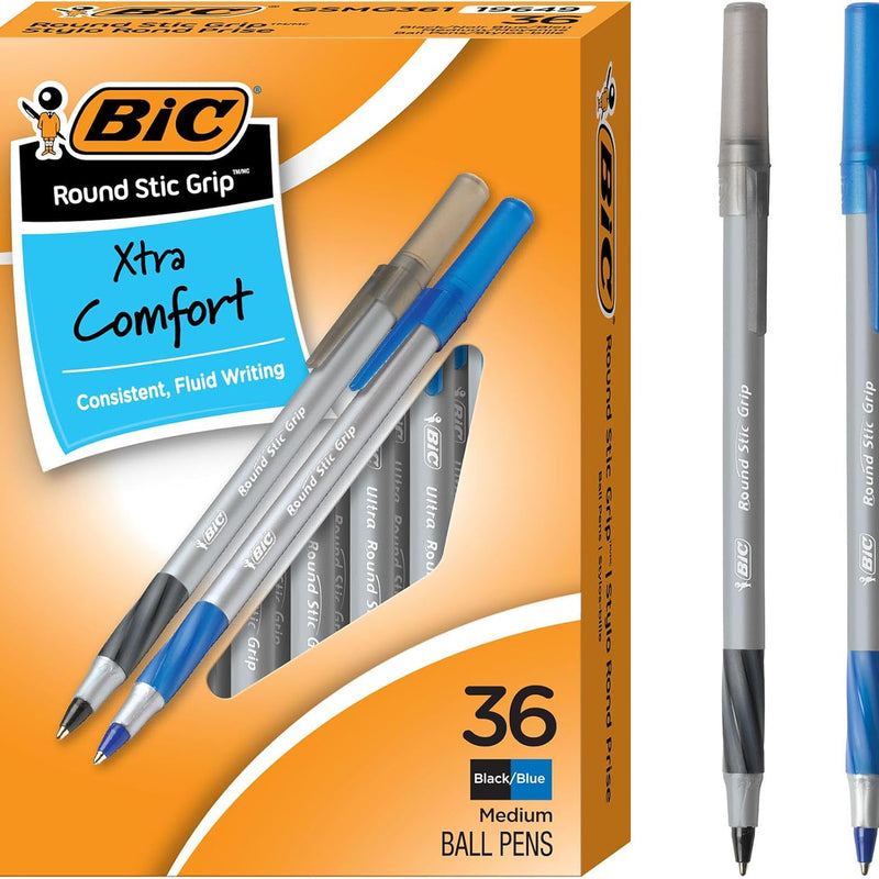 BIC Round Stic Grip Xtra Comfort Black Ballpoint Pens, Medium Point (1.2mm), 36-Count Pack, Perfect Writing Pens With Soft Grip for Superb Comfort and Control