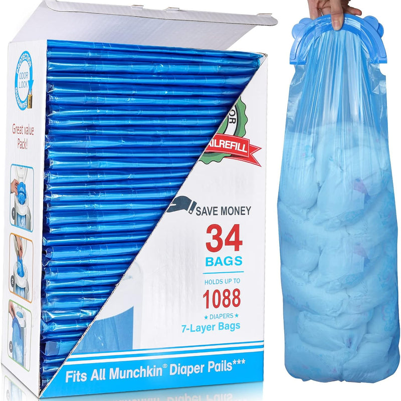 Diaper Pail Refill Bags, 1088 Counts, 34 Bags, Fully Compatible with Arm&Hammer Disposal System