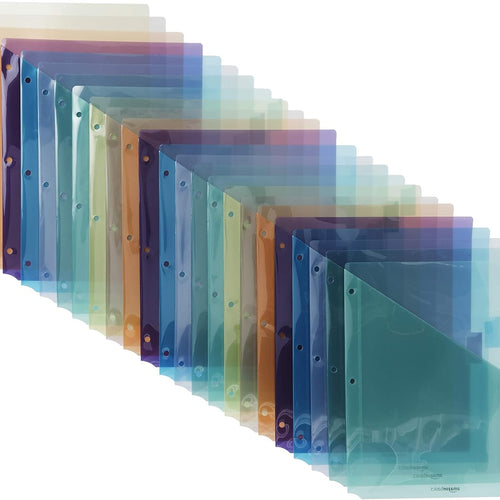 Amazon Basics Tab Dividers for 3 Ring Binder, Two Pocket, Letter Size, Transparent Assorted Colors, 24 Count