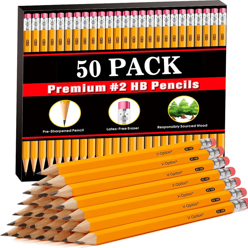V-Opitos Wood-Cased #2 HB Pencils, 50 Pack Bulk Yellow Pencils with Erasers, Pre-Sharpened, School Classroom Teacher Supplies for Writing, Drawing and Sketching
