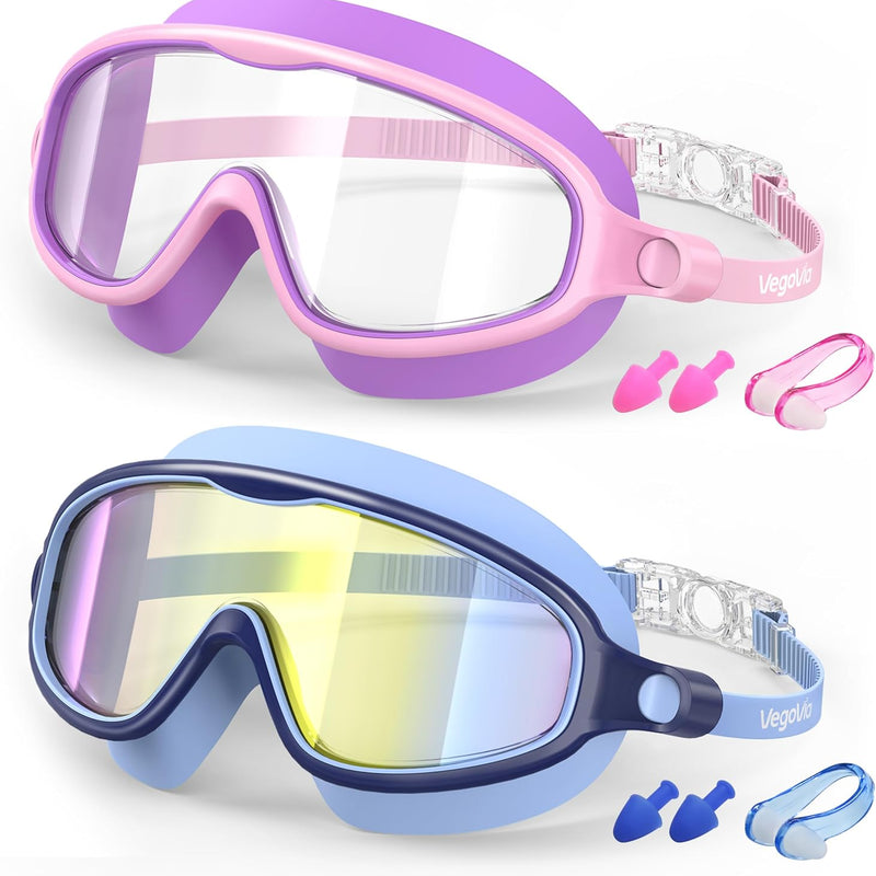 VegoVia 2 Pack Kids Swim Goggles Anti-Fog Wide View | UV Protection Swimming Goggles for kids 6-14 8-12 3-15 Youth Boys Girls Toddler