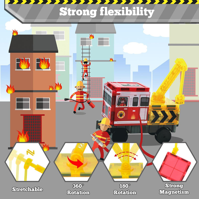 Magnetic Tiles for Kids, 56PCS Construction Magnet Tiles with Fire Truck Station, Building, Road, Crane, Car Truck - STEM Magnetic Blocks for Kids Ages 4-8, Toys for 4 5 Year Old Boys Birthday Gifts