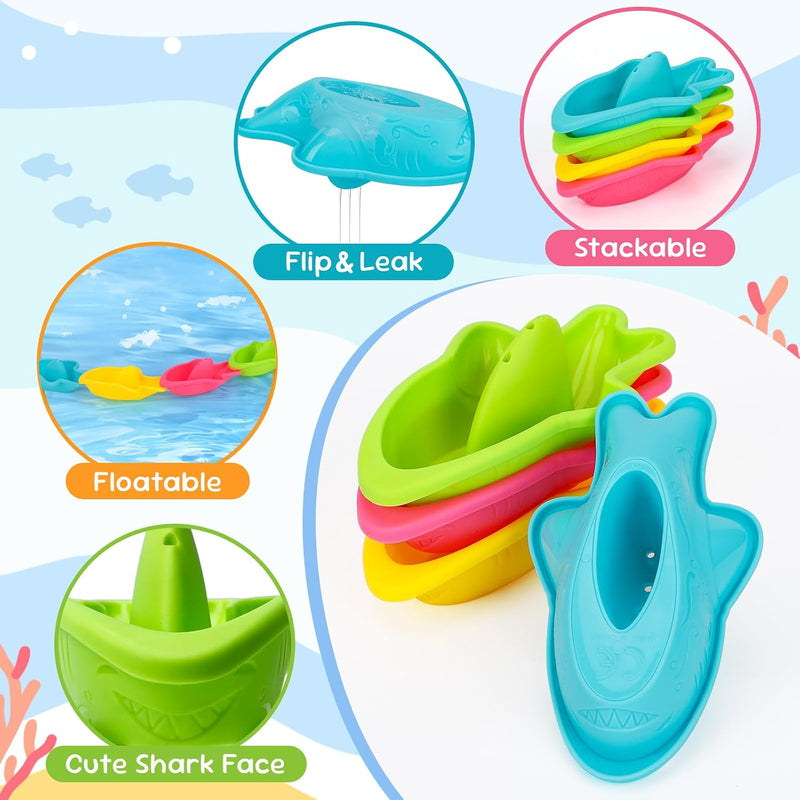 Fajiabao Toddler Bath Toys for Kids Ages 1-3 Multi-Play in Tub Water Pool | Learning Mold Free Bath Toys with Color Stacking Cups & Watering Can Interactive Shower Toys for 1 2 3 4 5 6 Birthday Gifts