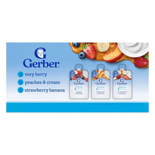 Gerber Toddler Food, Very Berry, Peaches & Cream, Strawberry Banana, Fruit Puree and Yogurt Pouches, Calcium Helps Support Strong Bones, No Artificial Flavors, 9-Pack