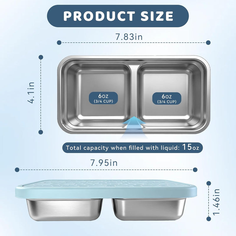 3 Pack Stainless Steel Snack Containers for Kids, Reusable Snack Containers with Silicone Lids, 2 Compartment Toddler Snack Containers for Daycare, School Lunch and Travel, 15 oz