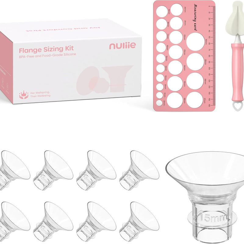 Nuliie Silicone Flange Inserts 13/15/17/19/21mm 10PCS for 24mm Breast Pump | Compatible with Spectra, Includes Nipple Sizer for Flanges for Accurate Sizing, Boosts Pumping Efficiency & Comfort, BPA-free