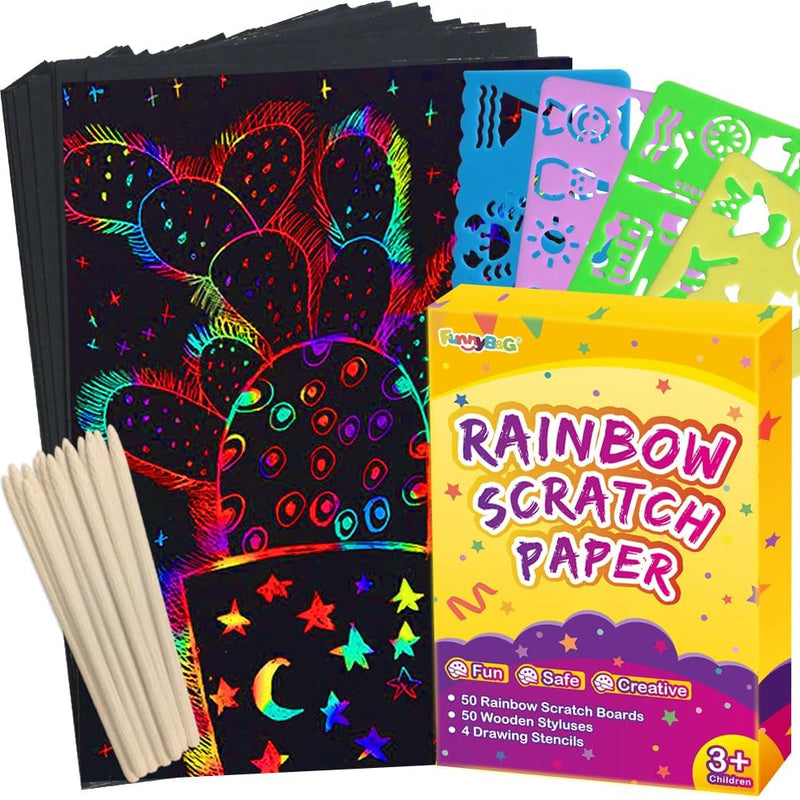FUNNYB&G 100 Pcs Rainbow Scratch Paper Art for Kids Arts and Crafts Kit | Rainbow Scratch Paper Set Supplies School Activities Coloring Sheets Travel Toys for Party Games Christmas Birthday Gifts