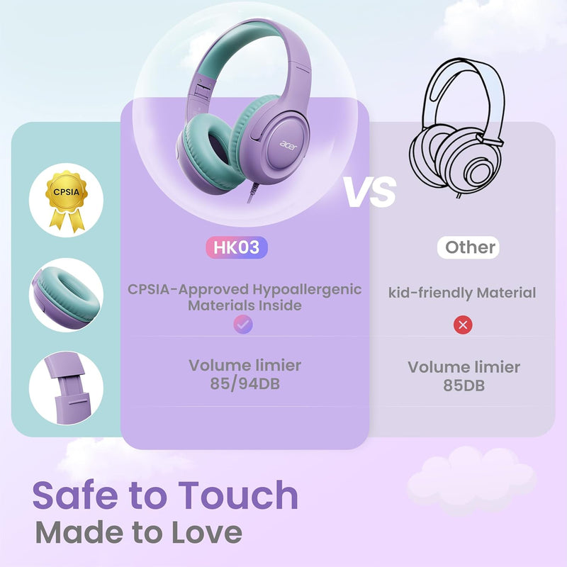 acer kids headphones purple green - over-ear volume limiter 85db foldable stereo sound headset for toddlers girls boys travel learning entertainment