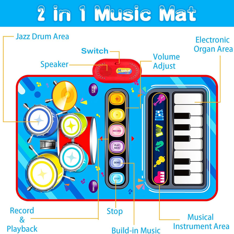 Baby 1-2 Years Music Mat: 2 in 1 Piano Drum Play Mat for Infant Music Toy 1-3 Year Old Boys Girls