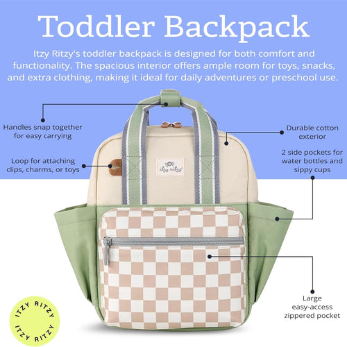 Itzy Ritzy Toddler Backpack, Daycare Bag w/Spacious Interior, Checkerboard | Adjustable Straps, Wipeable Lining, 2 Side Pockets, Front Zipper, & Name Label - Keeps Essentials Organized for Daily Travel