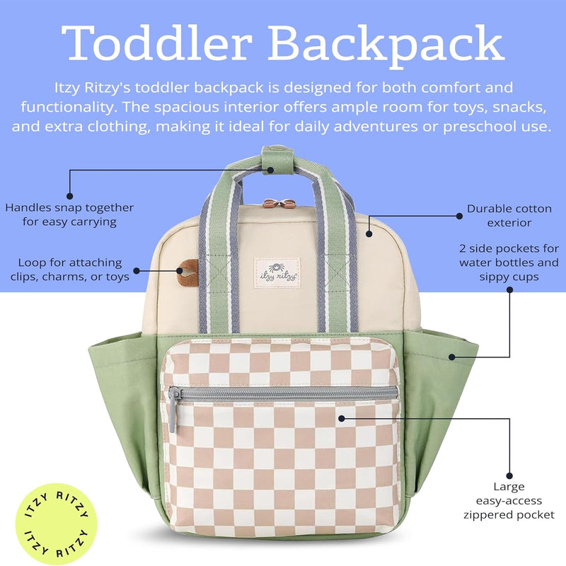 Itzy Ritzy Toddler Backpack, Daycare Bag w/Spacious Interior, Checkerboard | Adjustable Straps, Wipeable Lining, 2 Side Pockets, Front Zipper, & Name Label - Keeps Essentials Organized for Daily Travel