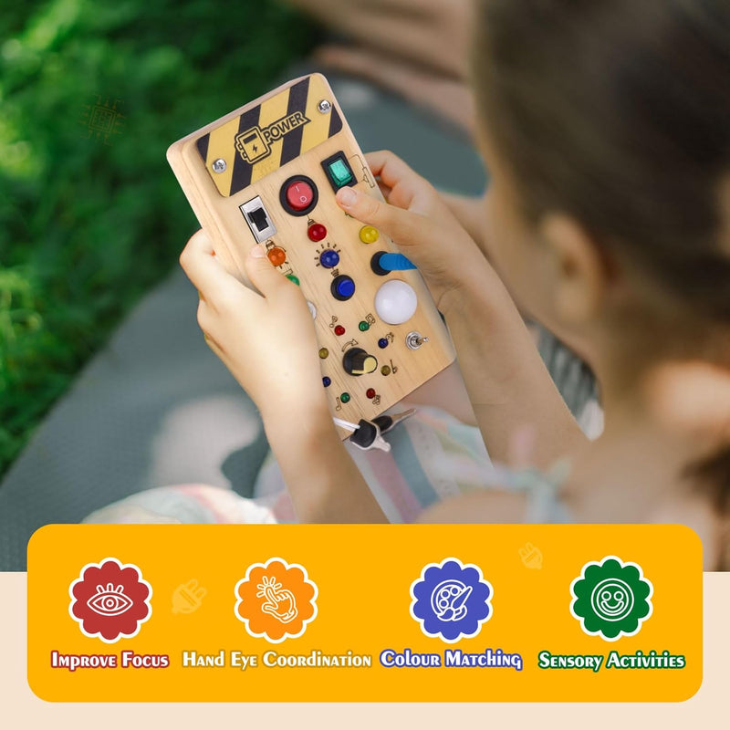 Montessori Wooden Busy Board with 8 LED Light Switches and Sensory Toys for 1+ Year Old Babies