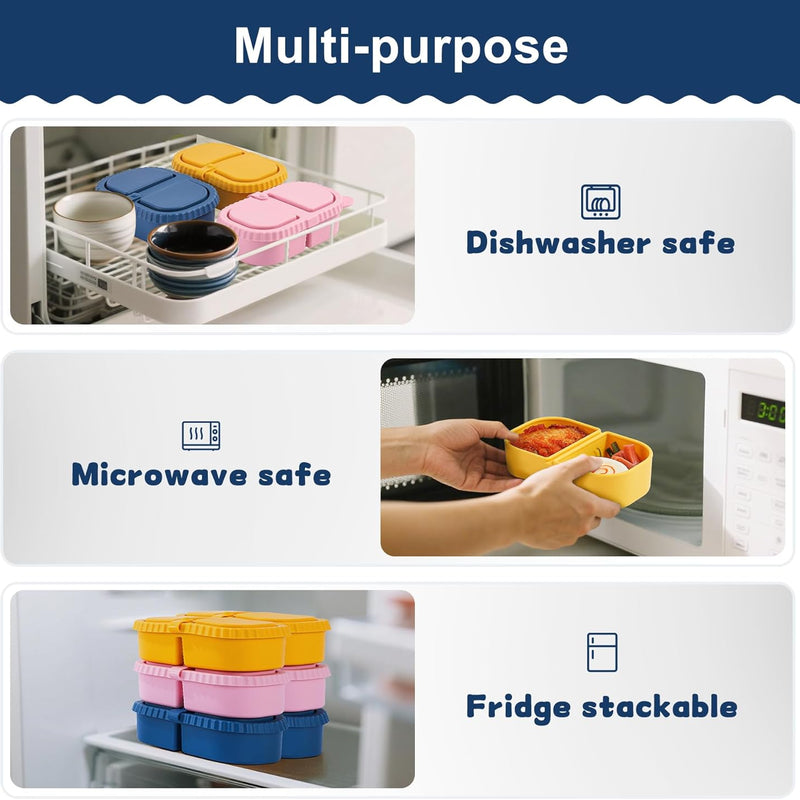 3 Pack Silicone Reusable Snack Containers with Lids - 8 oz Double Compartment Snackle Box for Kids & Adults, BPA-Free & Leakproof, Small for Dressing, Snacks, School, Office, Picnic