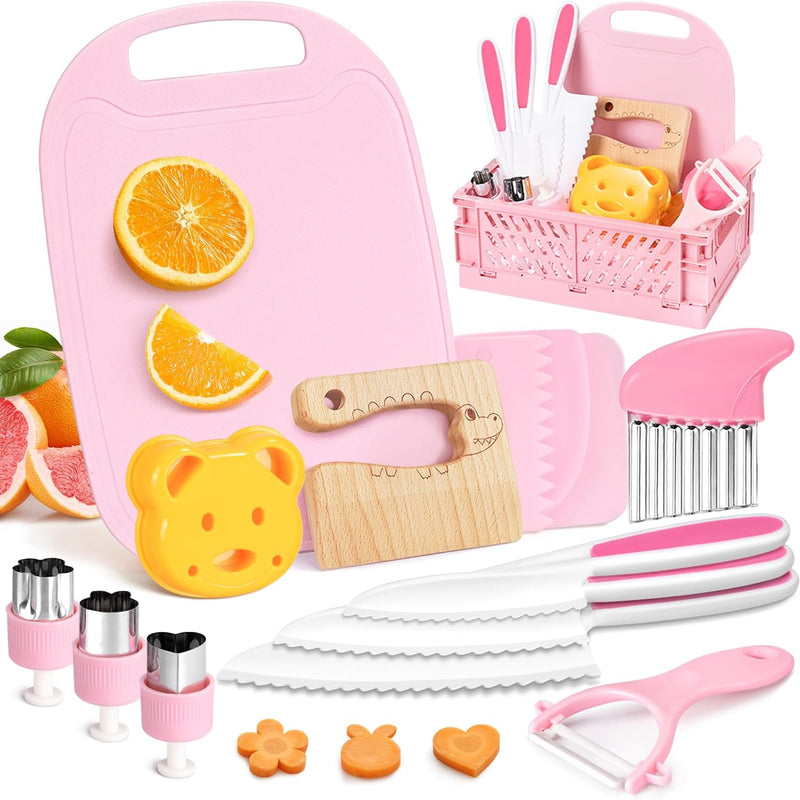 28PCS Toddler Knife Set - Kids Knifes for Real Cooking, Montessori Kids Kitchen Knife Set with Cutting Board Crinkle Cutters Kid Safe Knives, Toddlers Kitchen Tools for Age 2-10 Year Old Girl Boy