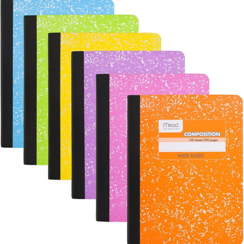 Mead Composition Notebook, Wide Ruled 7.5" x 9.75" Paper, 100 Sheets, Assorted Colors, 6 Pack (950054-ECM)