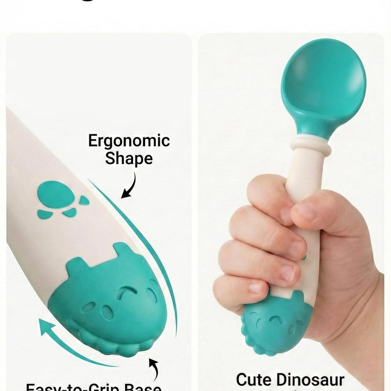 Deejoy Toddler Utensils Self-feeding Flatware Set withTravel Case-Green | Baby Spoons and Forks with Silicone Bendable Handle, Easy Grip Heat-Resistant, Ideal for Kids, Stage 2
