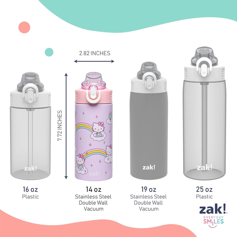 Zak Designs Sanrio Hello Kitty Sage 14oz Leak-Proof Straw Kids Water Bottle | BPA Free, Insulated Stainless Steel, Cupholder Friendly, Dishwasher Safe, Easy to Clean, Lid Lock, For School, Home, Travel