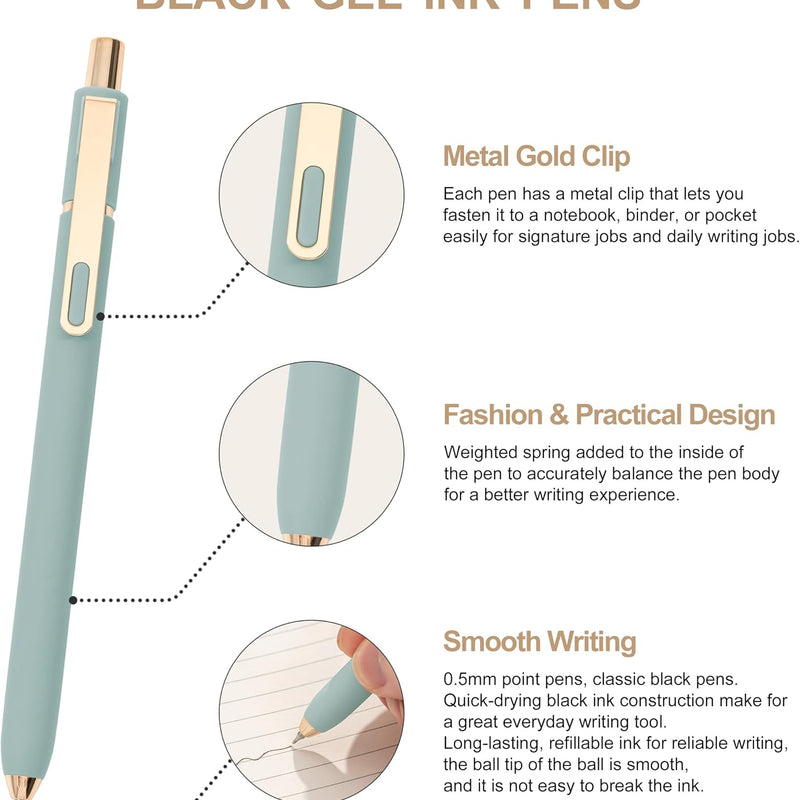 Linbsunne Gel Pens Black Ink Pens for Office 0.5mm Fine Point Pen Smooth Writing Retractable (Metal gold clip-10 pcs)