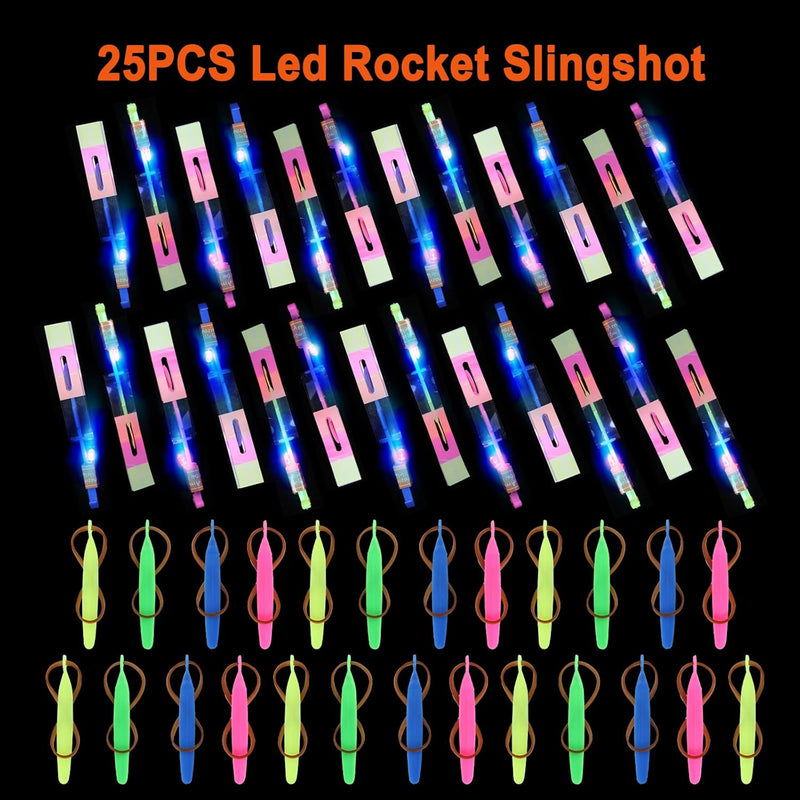 25-Set LED Flying Toy, 25 Slingshot & 25 Glow Helicopters, Perfect for Kids 8-12 Outdoor Party Favors