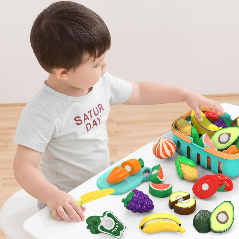 Cutting Play Food Toys for Kids with 28-Piece Fruits and Vegetables Set and Shopping Storage Basket