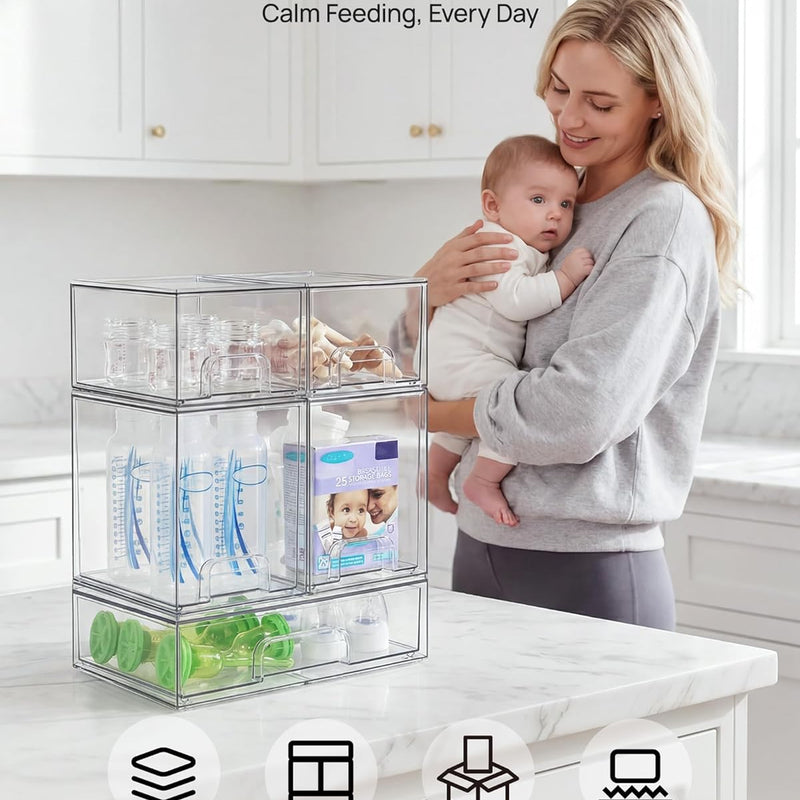 Vtopmart Stackable Storage Drawers Set of 5, Clear Plastic Organizer Bins for Baby Bottle, Beauty Supplies Storage, Ideal for Kichen Countertop, Vanity, Bathroom, Cabinet, Pantry Organization