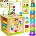 Wooden Activity Cube for Baby, Montessori Toys for 1 Year Old, Baby Toys 1 Year Old, Toys for 1+ Year Old Girl - Wooden Activity Center with Bead Maze Toy, Baby Stacking Cups, Book, in Pink Gift Box